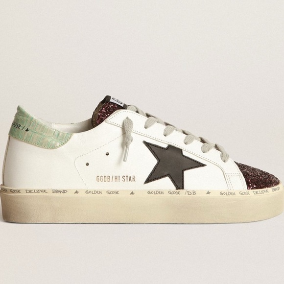 Golden Goose Hi Star White Leather Sneakers with Purple Glitter and Black Star - Picture 2 of 15